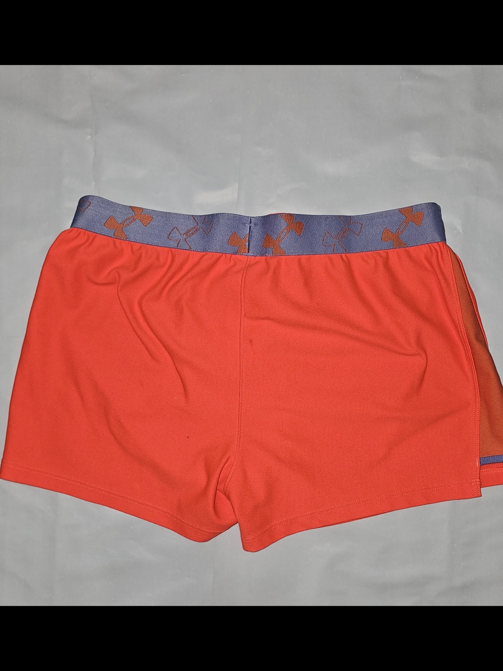 Under Armour Coral Red Athletic Shorts with Purple Logo Waistband